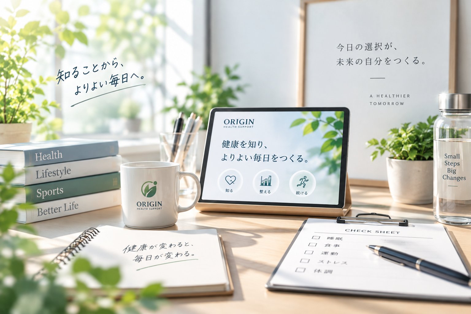 ORIGIN HEALTH SUPPORTのタブレット画面と、健康・生活習慣に関する書籍やチェックシートが置かれたデスクのイメージ