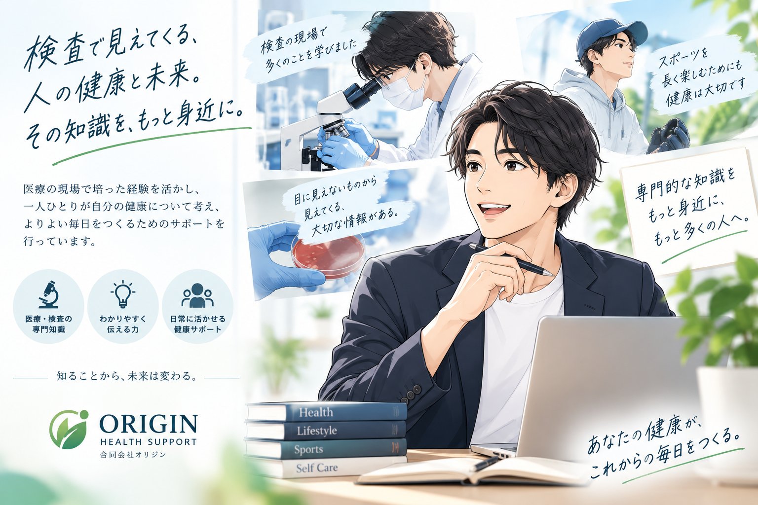 臨床検査技師としての経験を活かし、健康について発信する合同会社オリジン代表のイメージイラスト