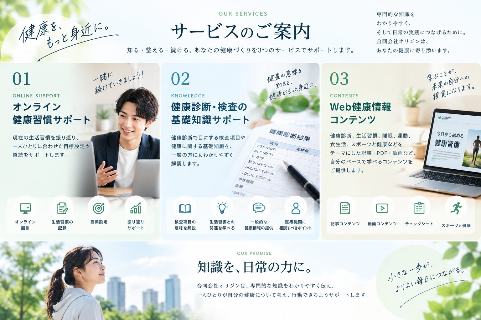 オンライン健康習慣サポート、健康診断・検査の基礎知識サポート、Web健康情報コンテンツの3つのサービスを紹介するイラスト