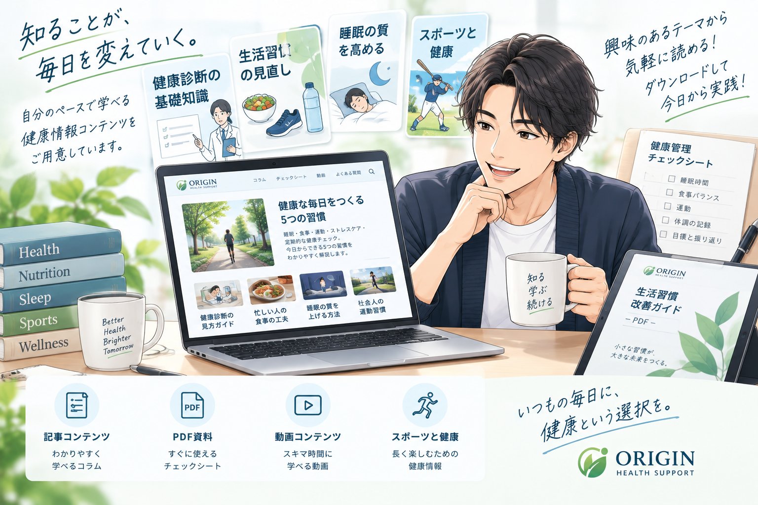 記事やPDF、動画などの健康情報コンテンツを自分のペースで学べることを紹介するイラスト